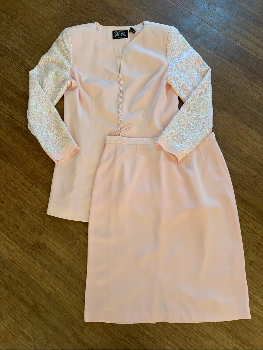 Bob Mackie Evening Pale Pink 2-Piece Skirt Set with Sequined Lace Sleeves Sz 16
